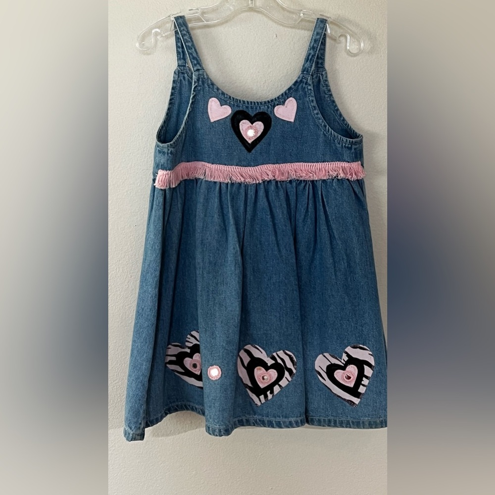 Vintage Kids Washed Blue Denim Dress with pink animal print hearts. Size 3T